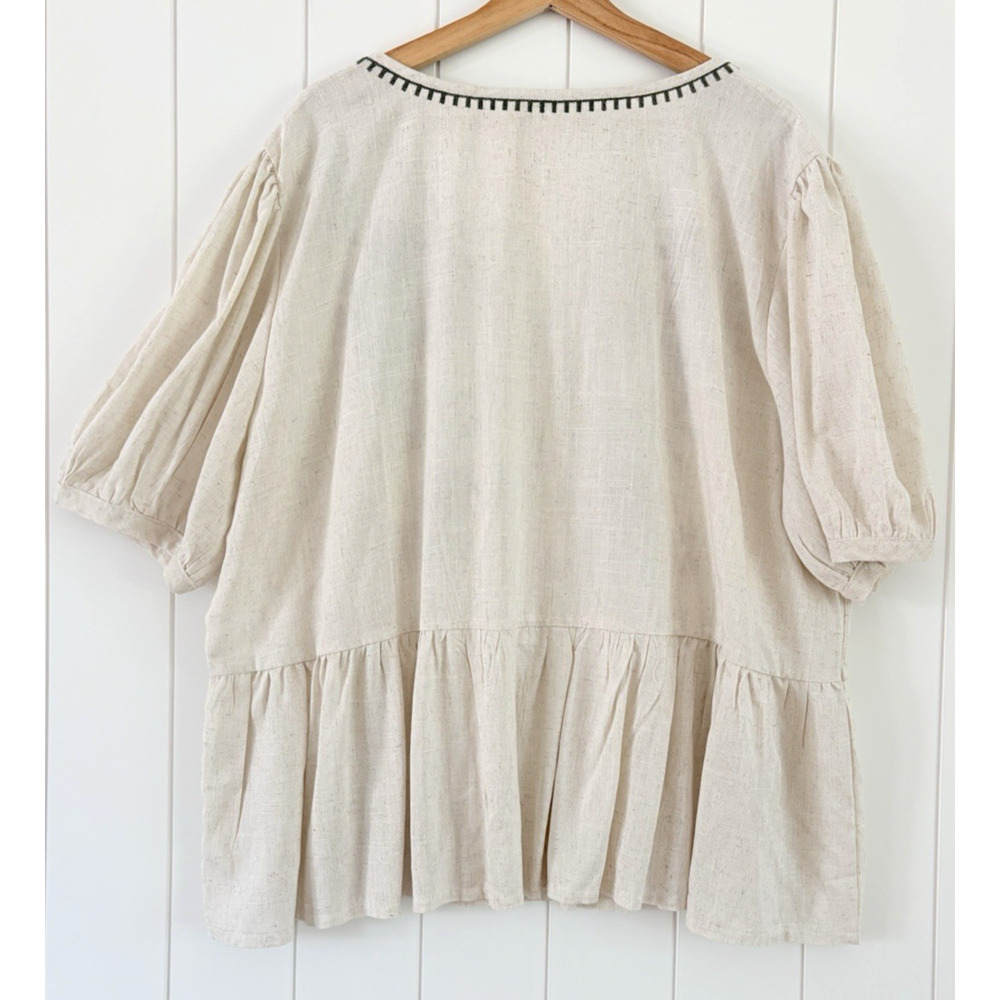Solitaire Linen Blend Floral Embroidered Popover Peplum Blouse Puff Sleeve 2X - Picture 9 of 15